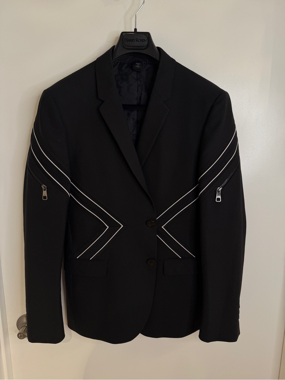 Neil Barrett Black Blazer with Contrast White Piping and Zip Details